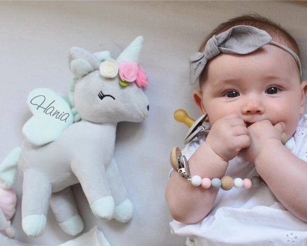 Pluszowy Jednorożec z wianuszkiem rozmiar M- Szaro/miętowy